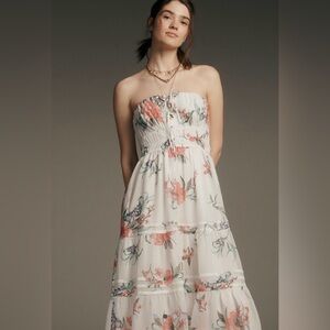 Anthropologie The Somerset Chiffon Strapless Floral Midi Dress - Ivory Floral